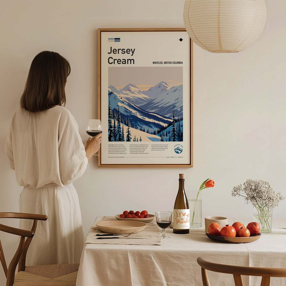 Jersey Cream, Whistler, British Columbia Poster | Alpine Print Ski Lodge Decor Wall Art — styled in a modern interior
