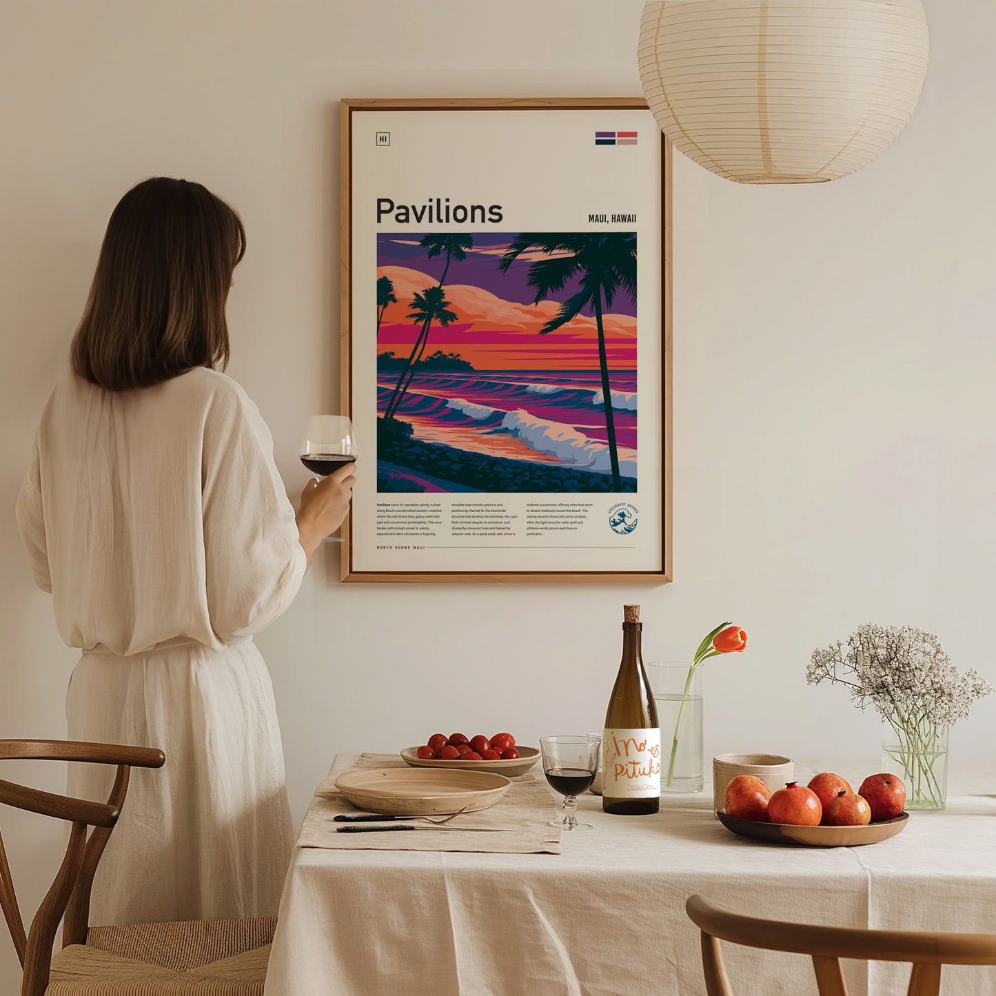 Pavilions, Hawaii Poster | Golden Surf Break Paradise Wall Art — styled in a modern interior