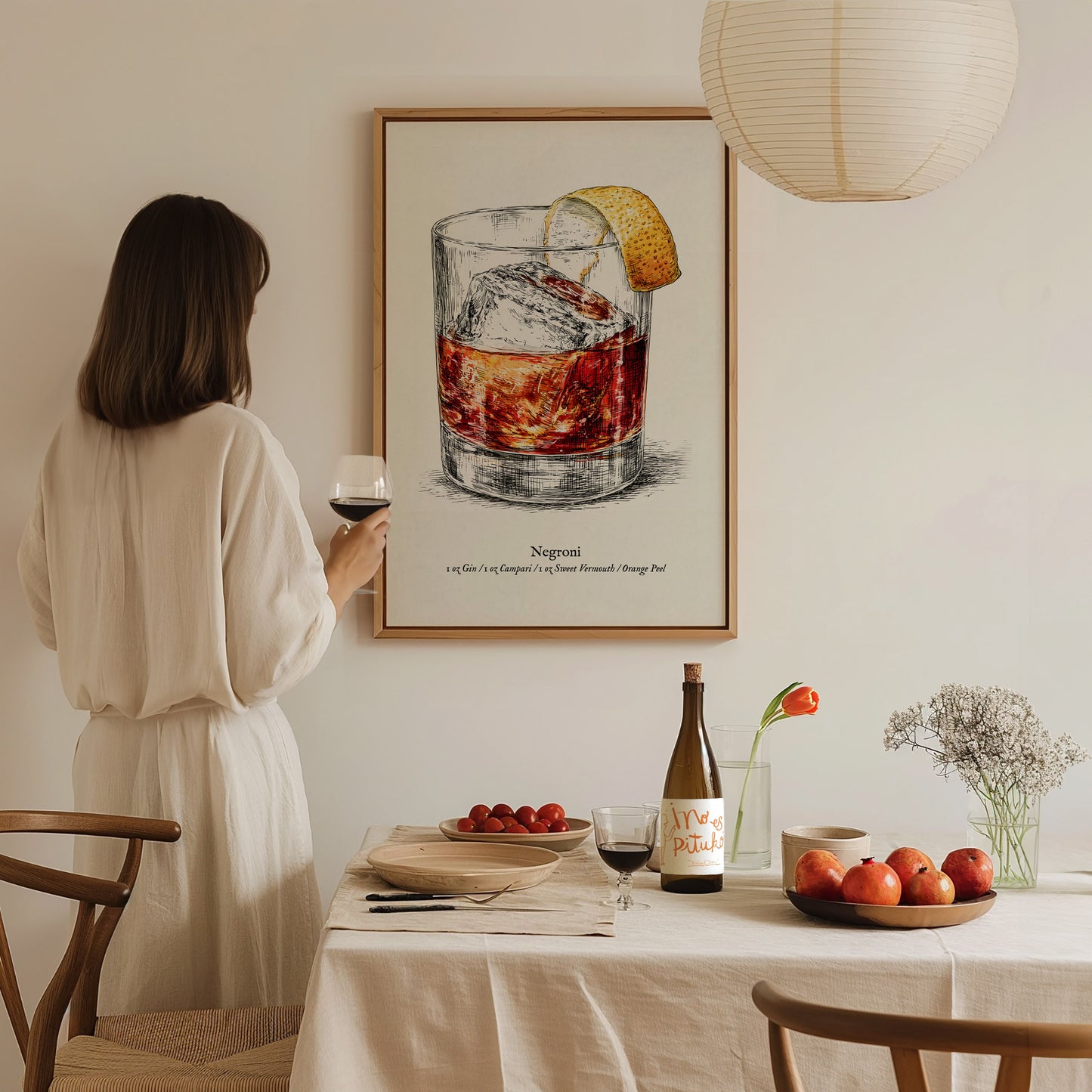 Negroni Poster | Vintage Cocktail Scientific Illustration Wall Art — styled in a modern interior