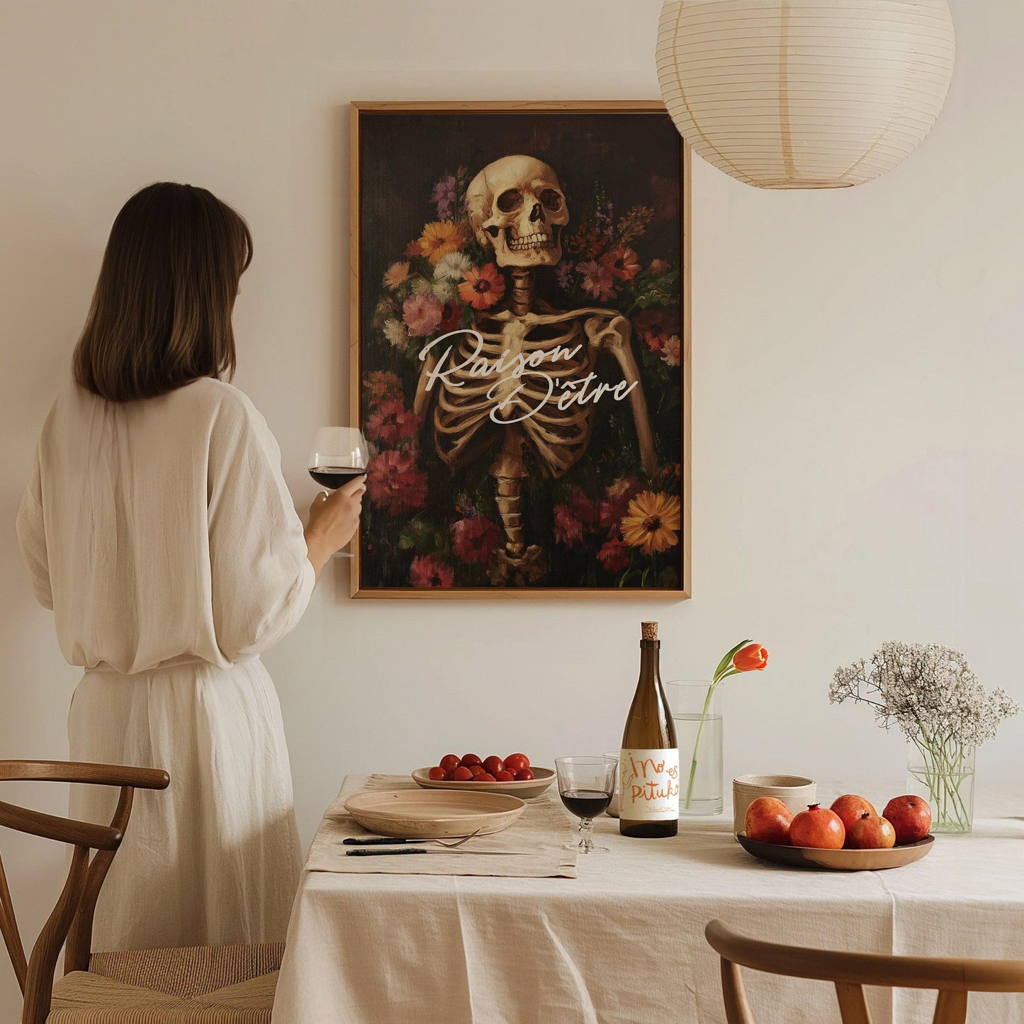 Raison d’Être Skeleton Art Print – Dark Academia Gothic Floral Wall Decor, Memento Mori Aesthetic, Framed/Unframed Macabre Poster - Swell Scenes