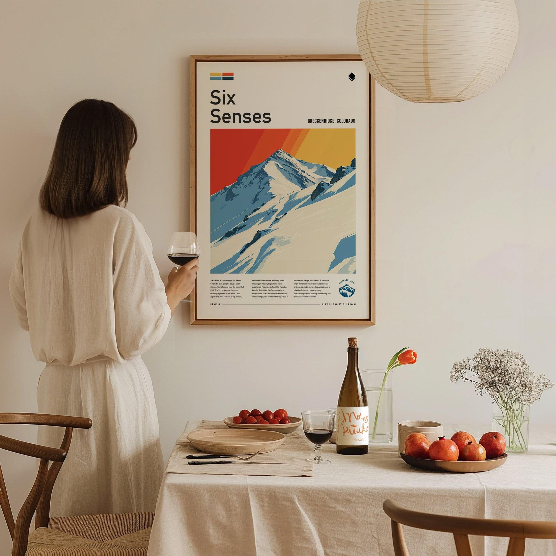 Six Senses Ski Area Poster | Breckenridge Resort Colorado Black Diamond Expert Skiing Run Slope Framed Print Skier Snowboarder Breck Cabin Lodge Art Decor Gift - Swell Scenes