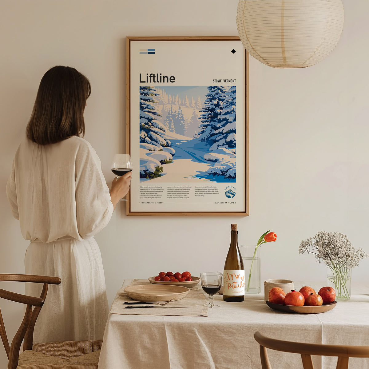 Liftline, Stowe, Vermont Poster | Alpine Print Ski Lodge Decor Wall Art — styled in a modern interior