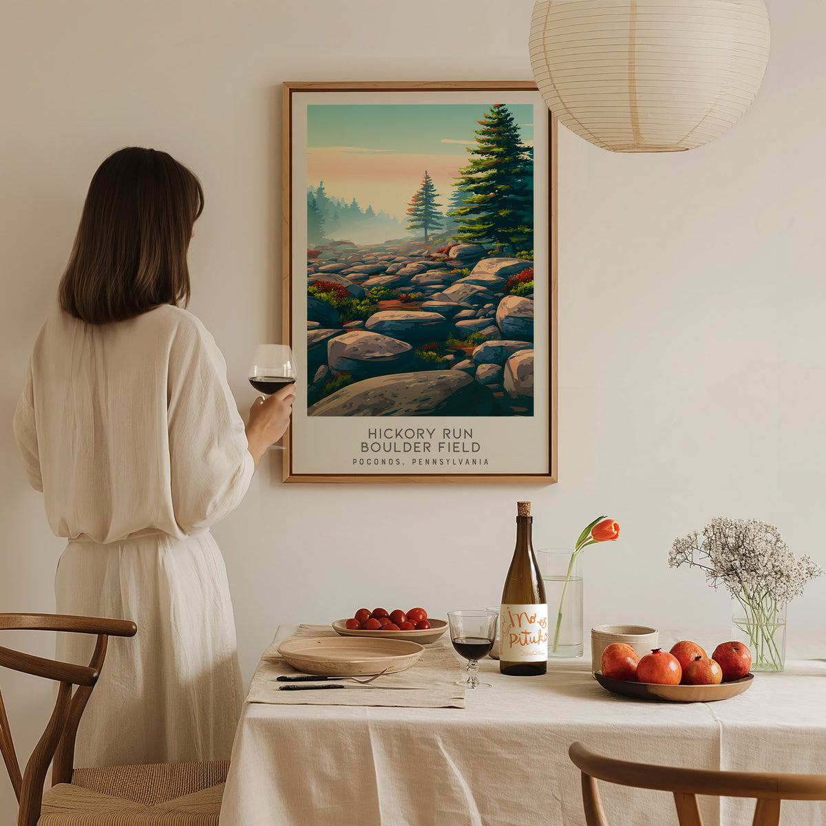 Hickory Run Boulder Field Matte Border Poster | Poconos, Pennsylvania Travel Wall Art — styled in a modern interior
