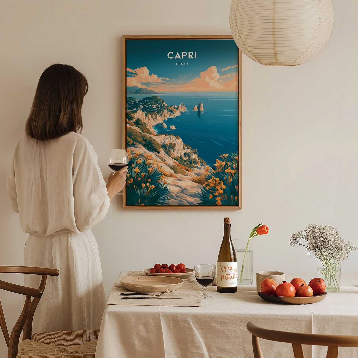 Capri, Italy Poster | Mediterranean Island Coastal Beach Decor Wall Art — styled in a modern interior