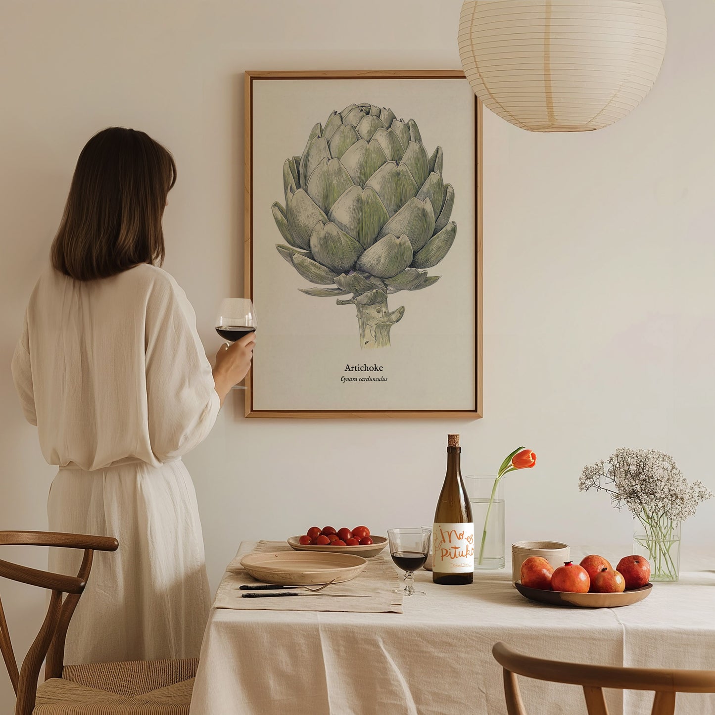 Artichoke Poster | Vintage Cynara Cardunculus Botanical Illustration Wall Art — styled in a modern interior