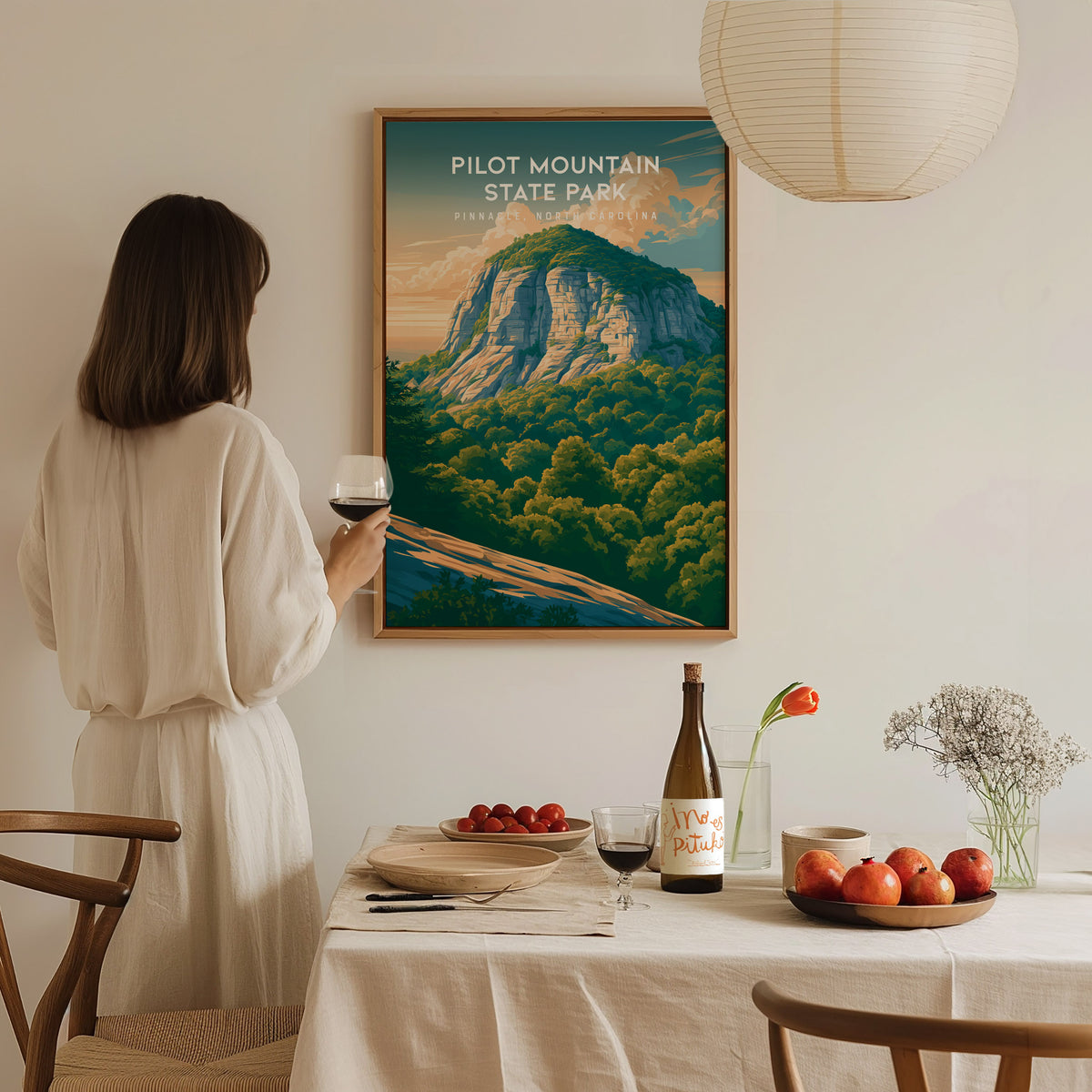 Pilot Mountain State Park, Pinnacle, North Carolina Poster | Rugged Peak & Forest Travel Wall Art — styled in a modern interi