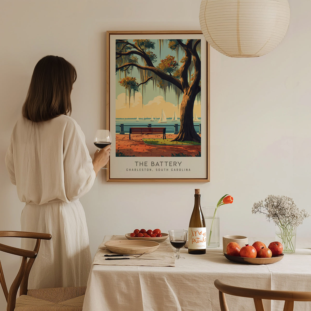 The Battery Matte Border Poster | Charleston, South Carolina Coastal Beach Decor — styled in a modern interior