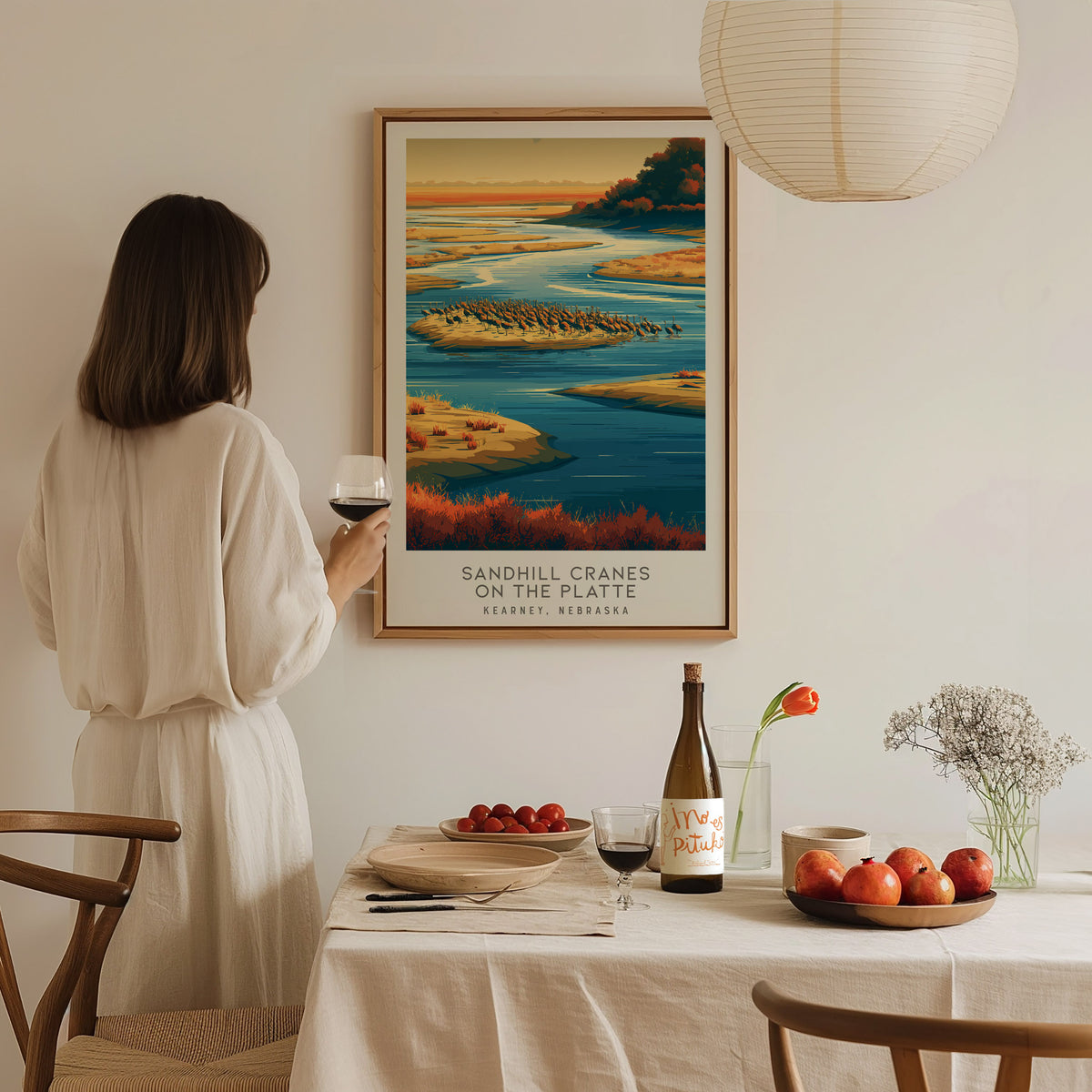 Sandhill Cranes on the Platte Matte Border Poster | Kearney, Nebraska Destination Print — styled in a modern interior