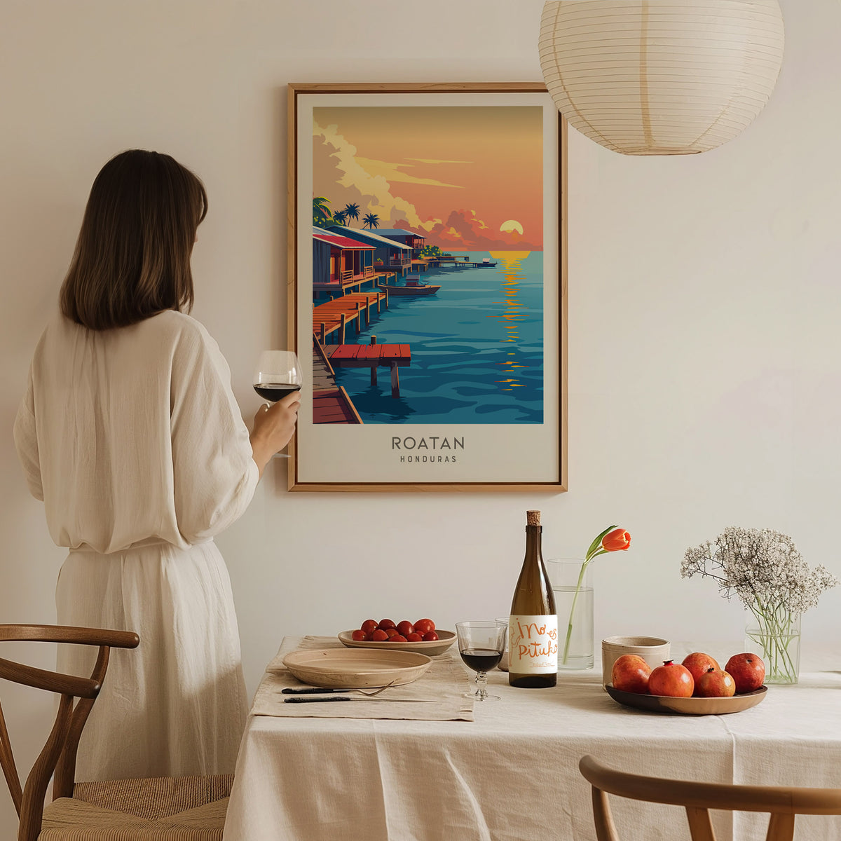 Roatan Matte Border Poster | Honduras Tropical Beach Print Travel Wall Art — styled in a modern interior