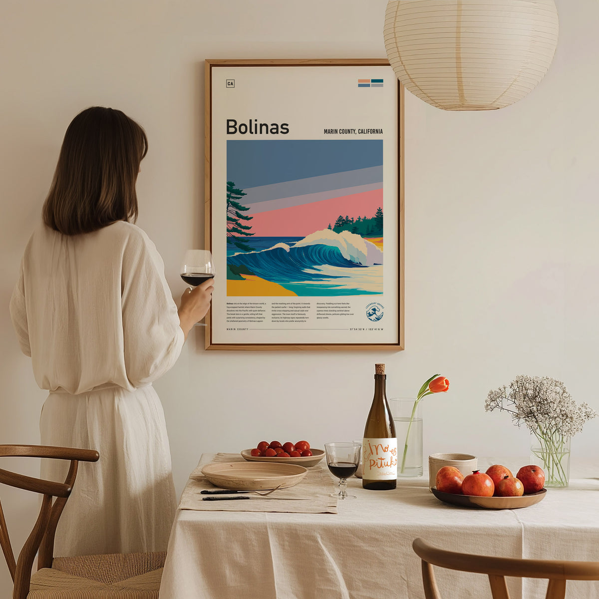 Bolinas, Marin County, California Poster | Misty Cliffs & Surf Wall Art — styled in a modern interior