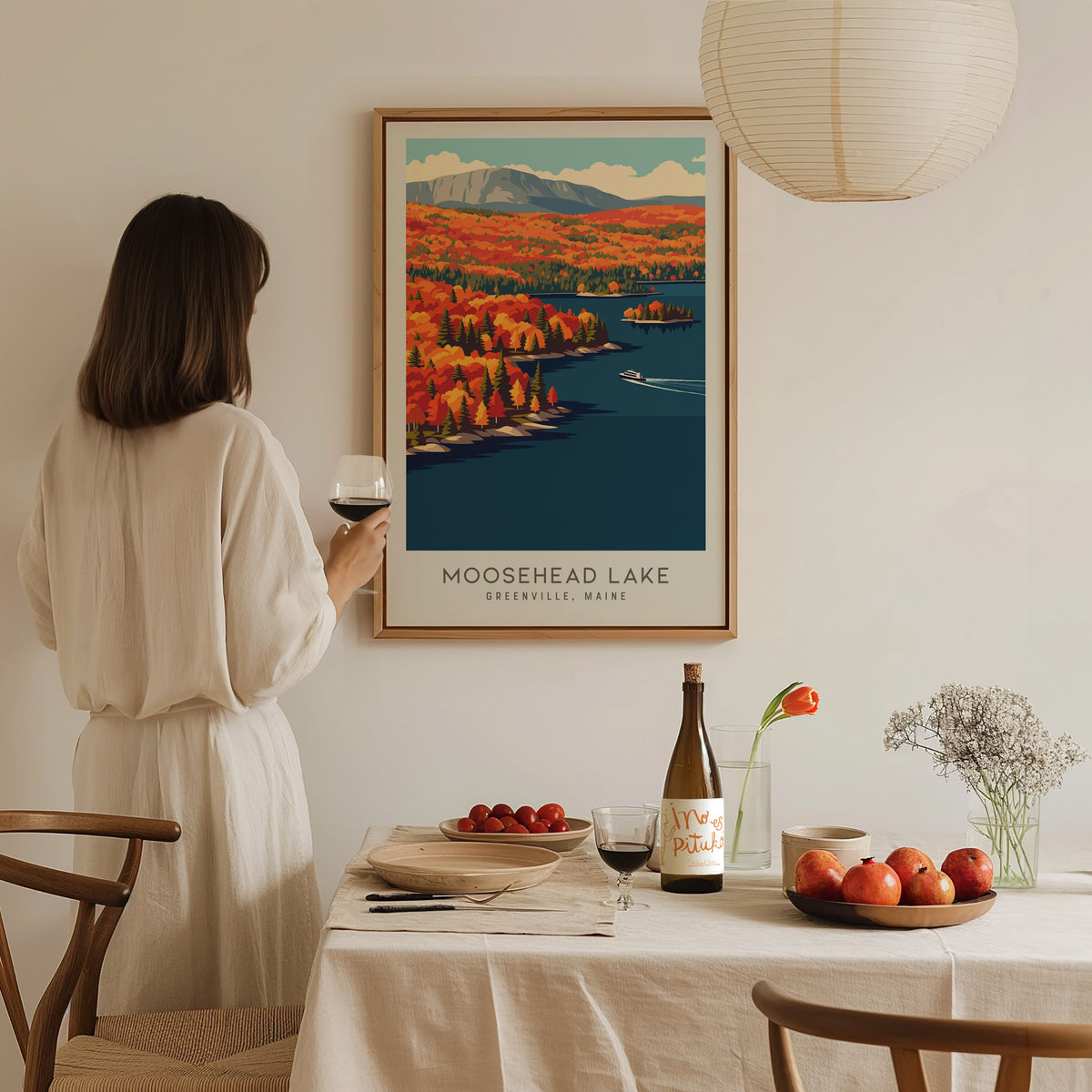 Moosehead Lake Matte Border Poster | Greenville, Maine Destination Print Travel Wall Art — styled in a modern interior