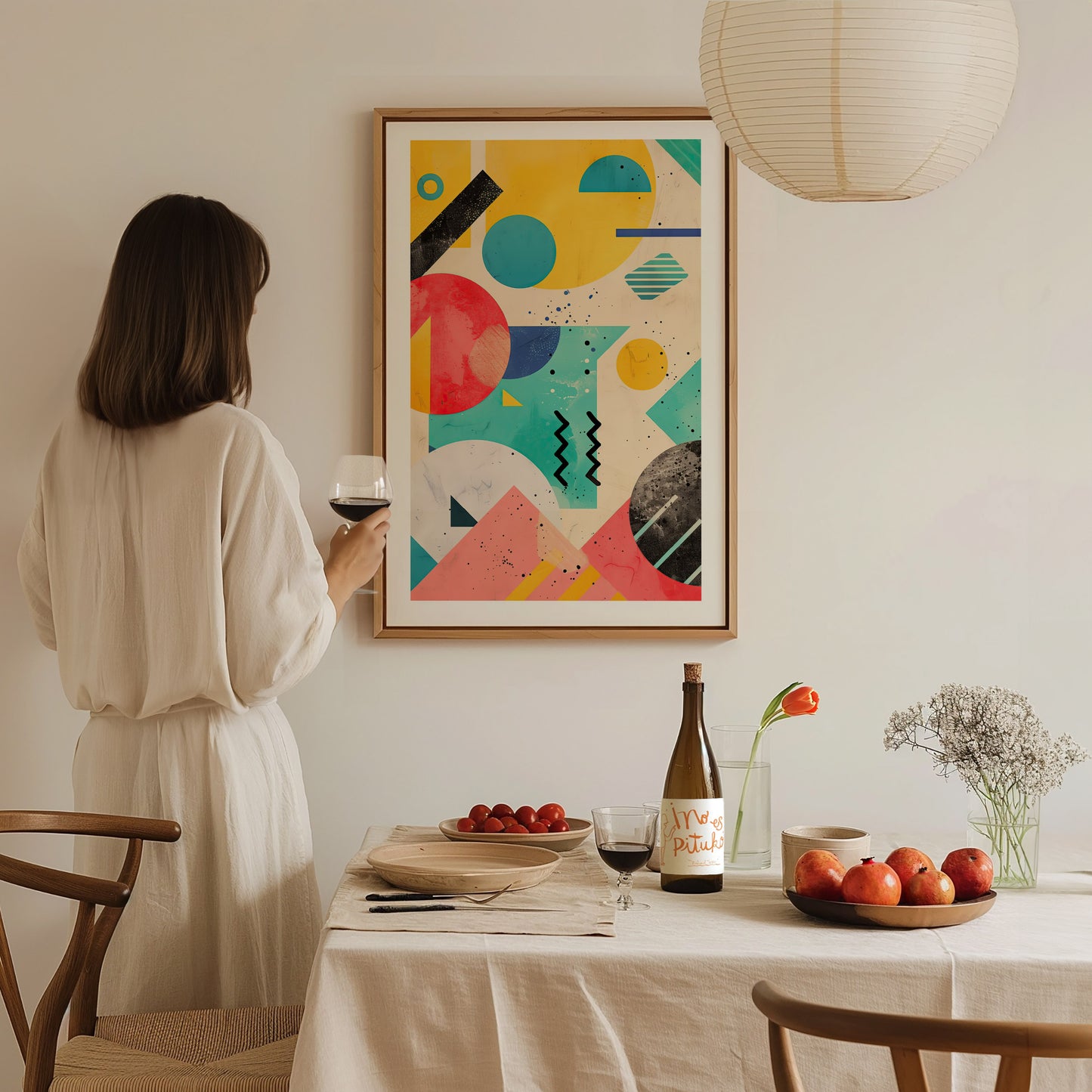 A woman in a white dress holds a wine glass, admiring a colorful geometric poster on the wall. A table with fruits, flowers, and a wine bottle is in the.