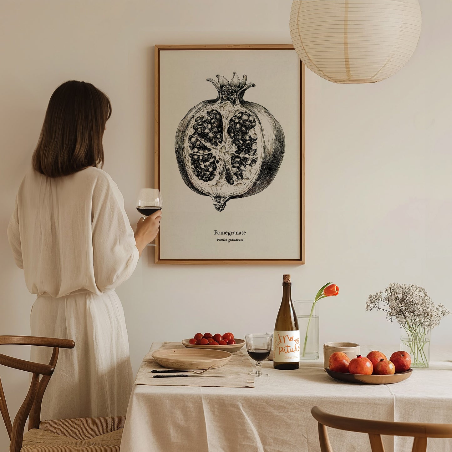 Pomegranate Poster | Vintage Punica granatum Botanical Illustration Wall Art — styled in a modern interior