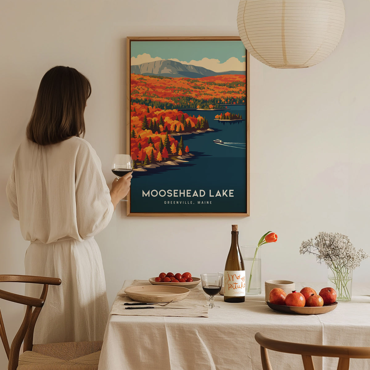 Moosehead Lake, Greenville, Maine Poster | Lakeside Wilderness Retreat Framed or Unframed Wall Art — styled in a modern inter