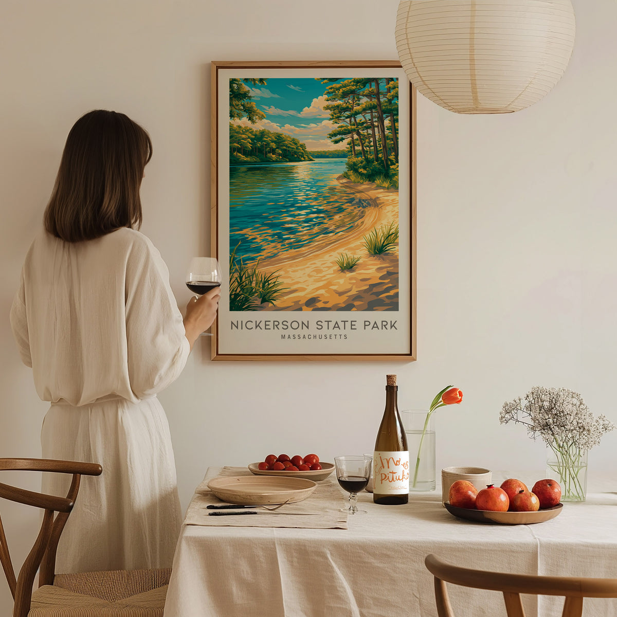 Nickerson State Park Matte Border Poster | Massachusetts Destination Print Travel Wall Art — styled in a modern interior