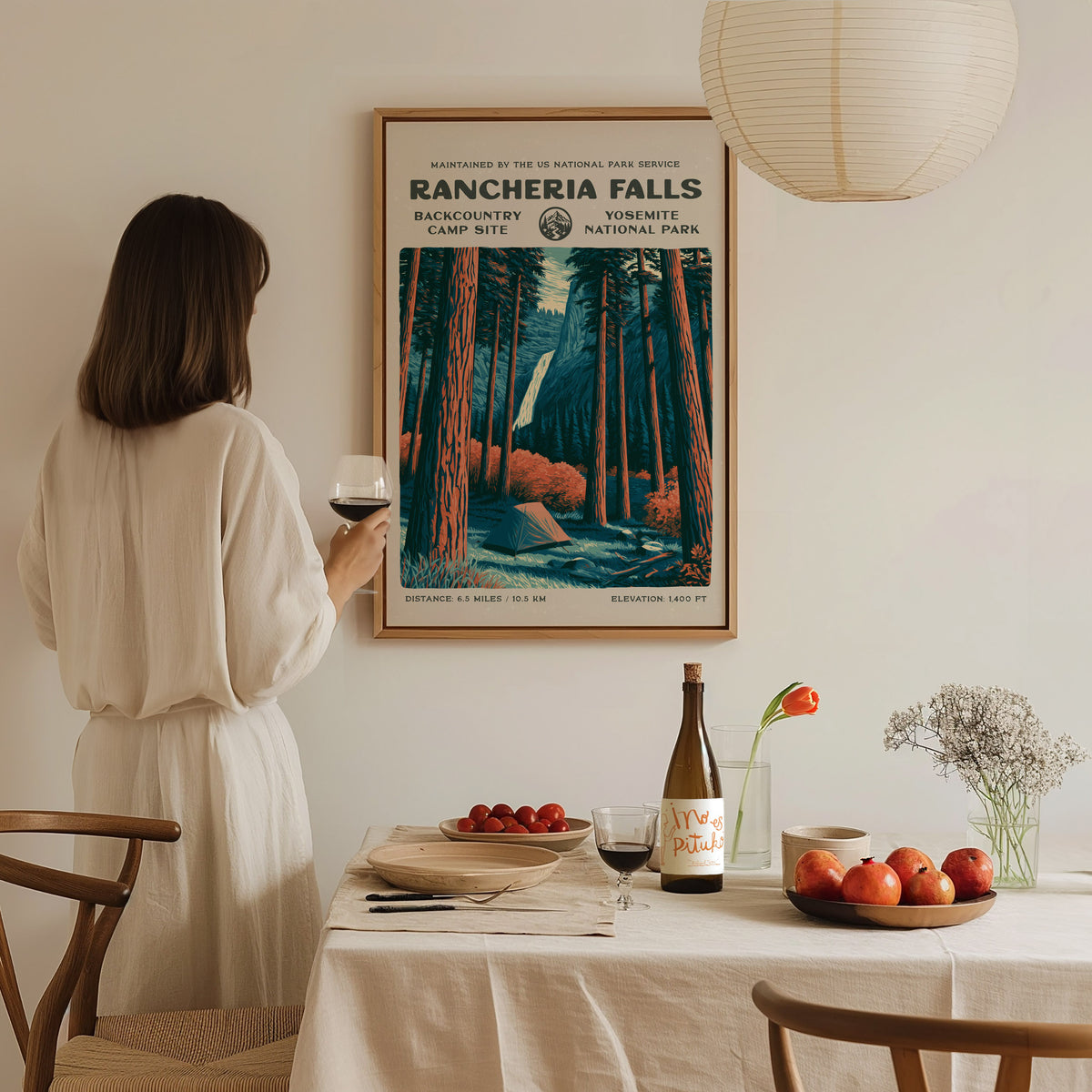 Rancheria Falls, Yosemite National Park Poster | Hiker Gift | Backcountry Trail Wall Art — styled in a modern interior
