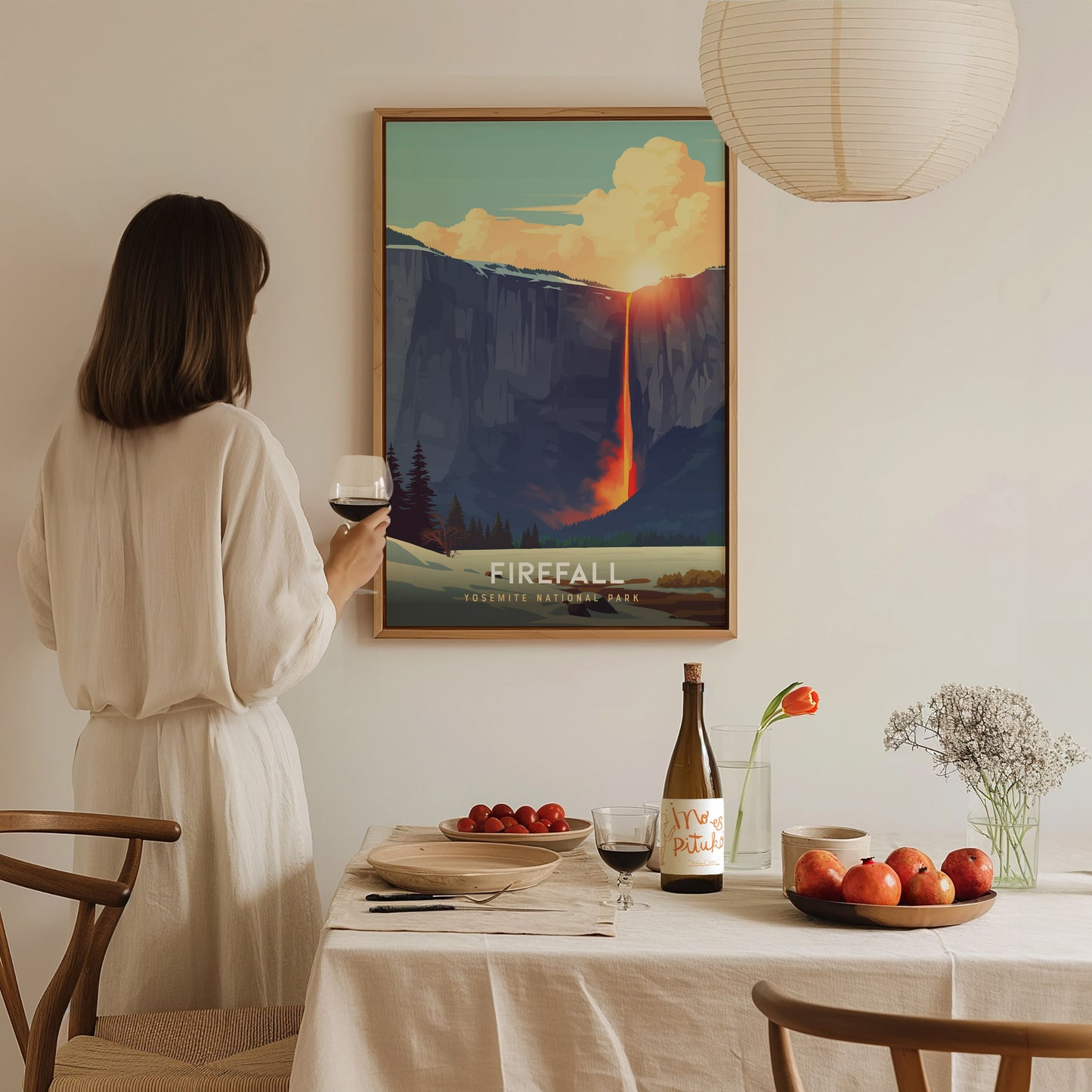 Yosemite Framed poster of Horsetail Fall with a sunset, titled 'Firefall', on a white wall.