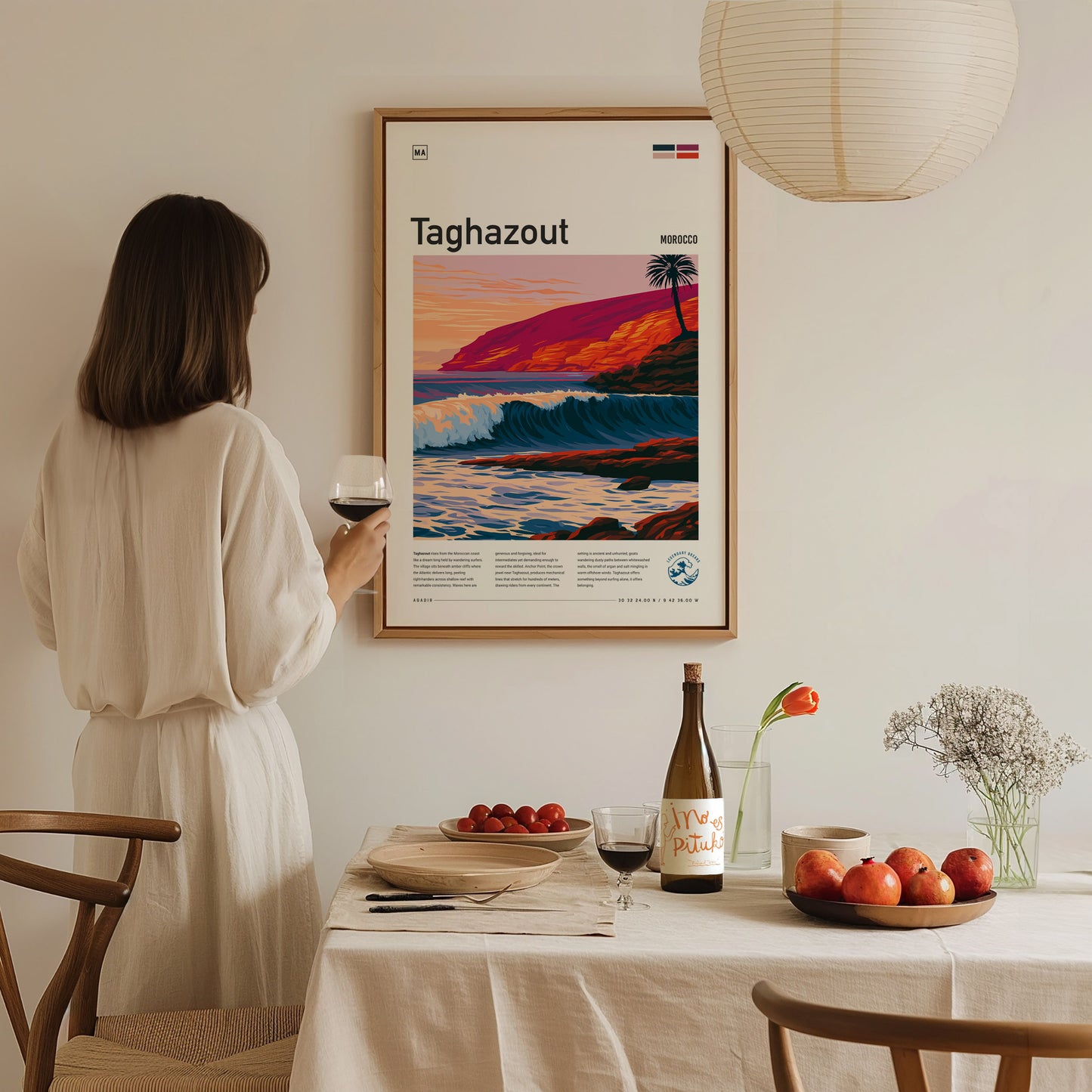 Taghazout, Morocco Poster | Sun-Kissed Surf Village Wall Art — styled in a modern interior