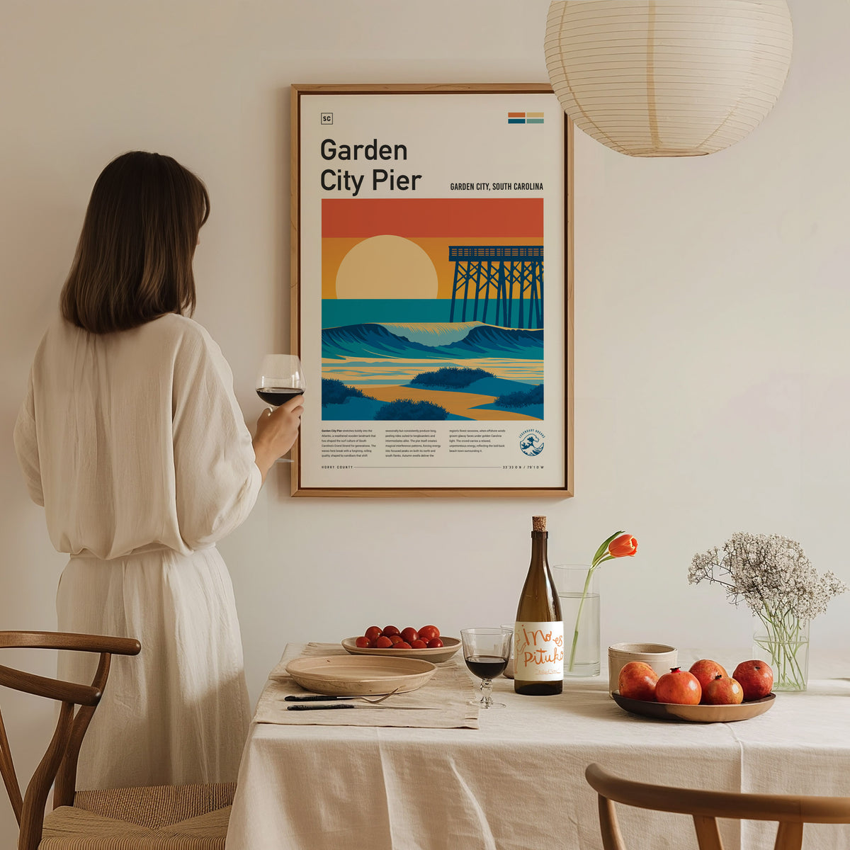 Garden City Pier, Garden City, South Carolina Poster | Surf Waves & Coastal Pier Wall Art — styled in a modern interior