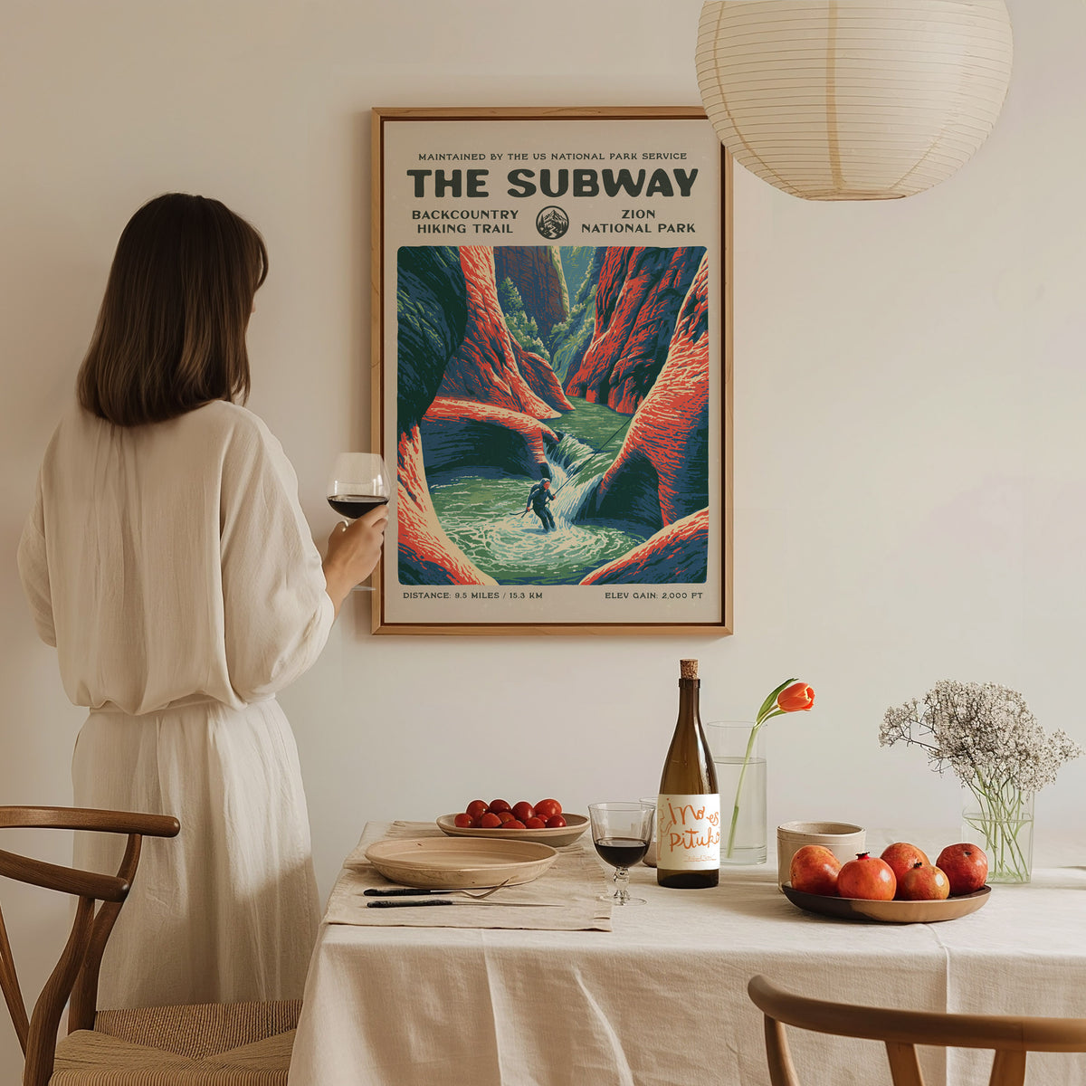 The Subway, Zion National Park Poster | Hiker Gift | Backcountry Canyon Trail Wall Art — styled in a modern interior