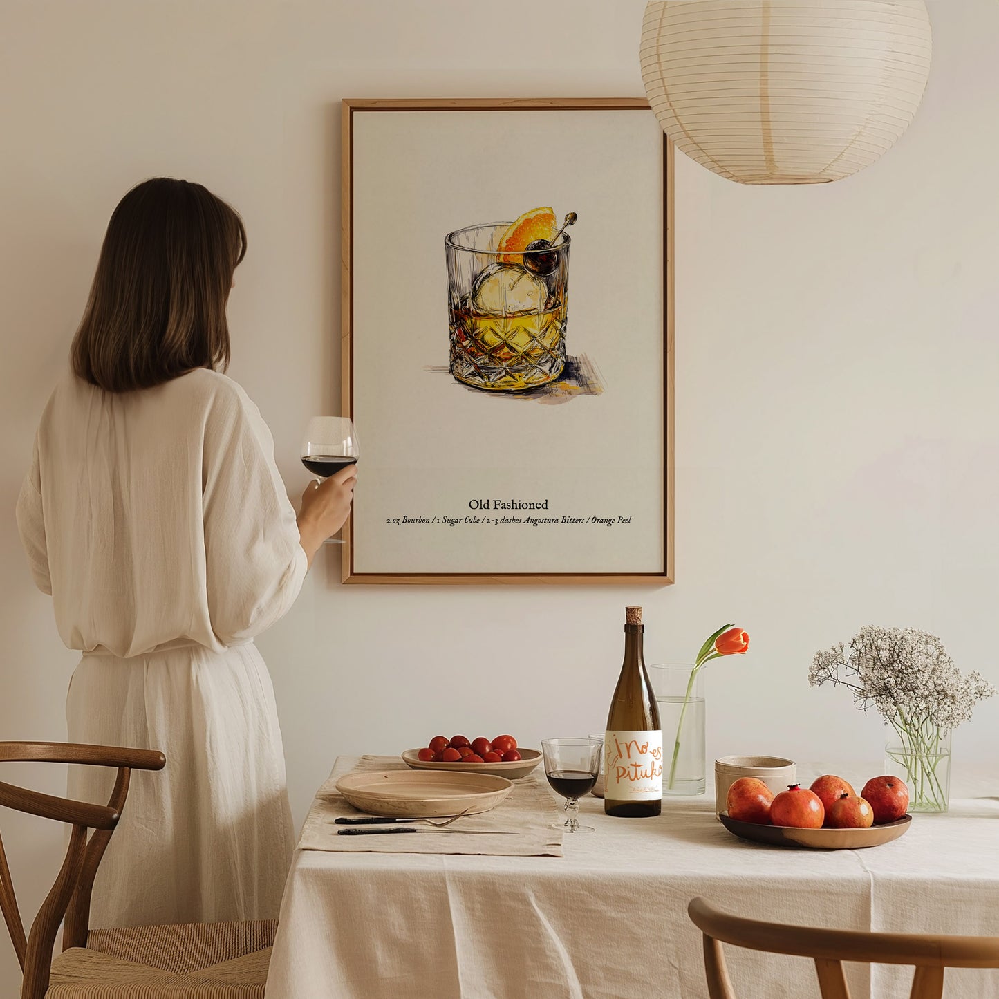 Old Fashioned Cocktail Poster | Vintage Pen & Ink Scientific Illustration Wall Art — styled in a modern interior