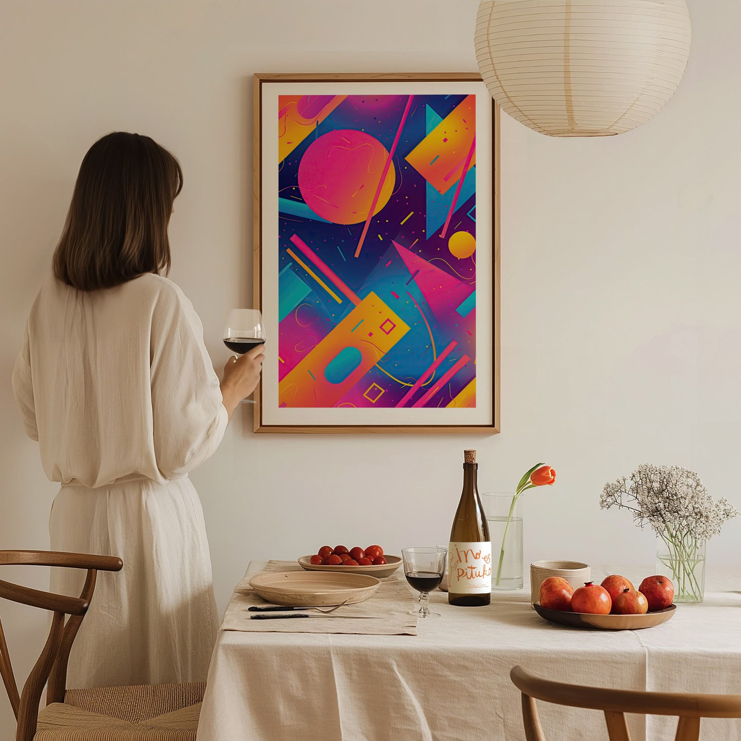 A woman in a white dress holds a wine glass, admiring a vibrant 90s-style poster with neon geometric shapes on a wall.