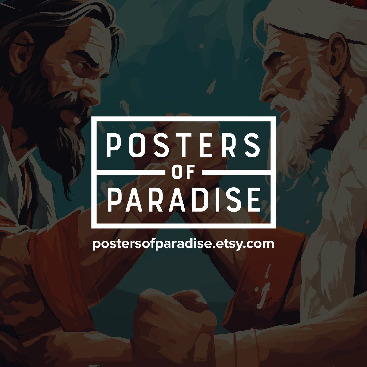 Two bearded figures resembling Jesus and Santa Claus arm wrestling against a teal background, with POSTERS OF PARADISE text overlay and website link below.