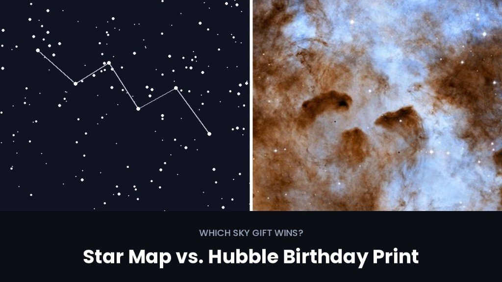 Star map versus Hubble birthday print split comparison image