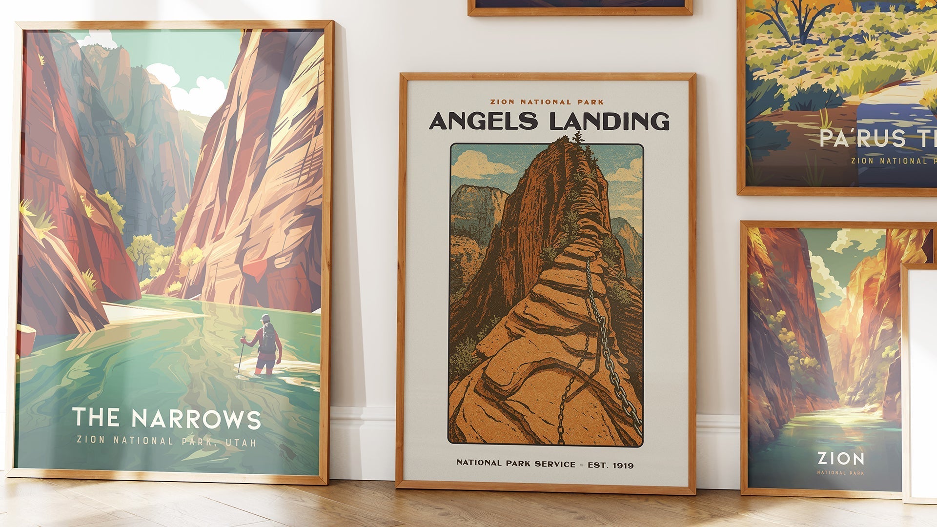 Vintage national park travel posters displayed in modern living room gallery wall arrangement
