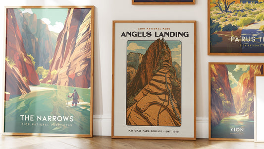 Vintage national park travel posters displayed in modern living room gallery wall arrangement