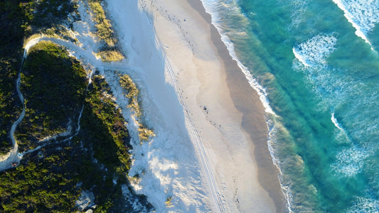 An aerial view of a beach and ocean