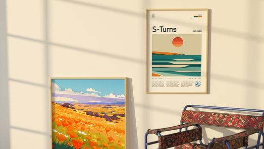 Modern apartment living room decorated with framed travel posters above sofa