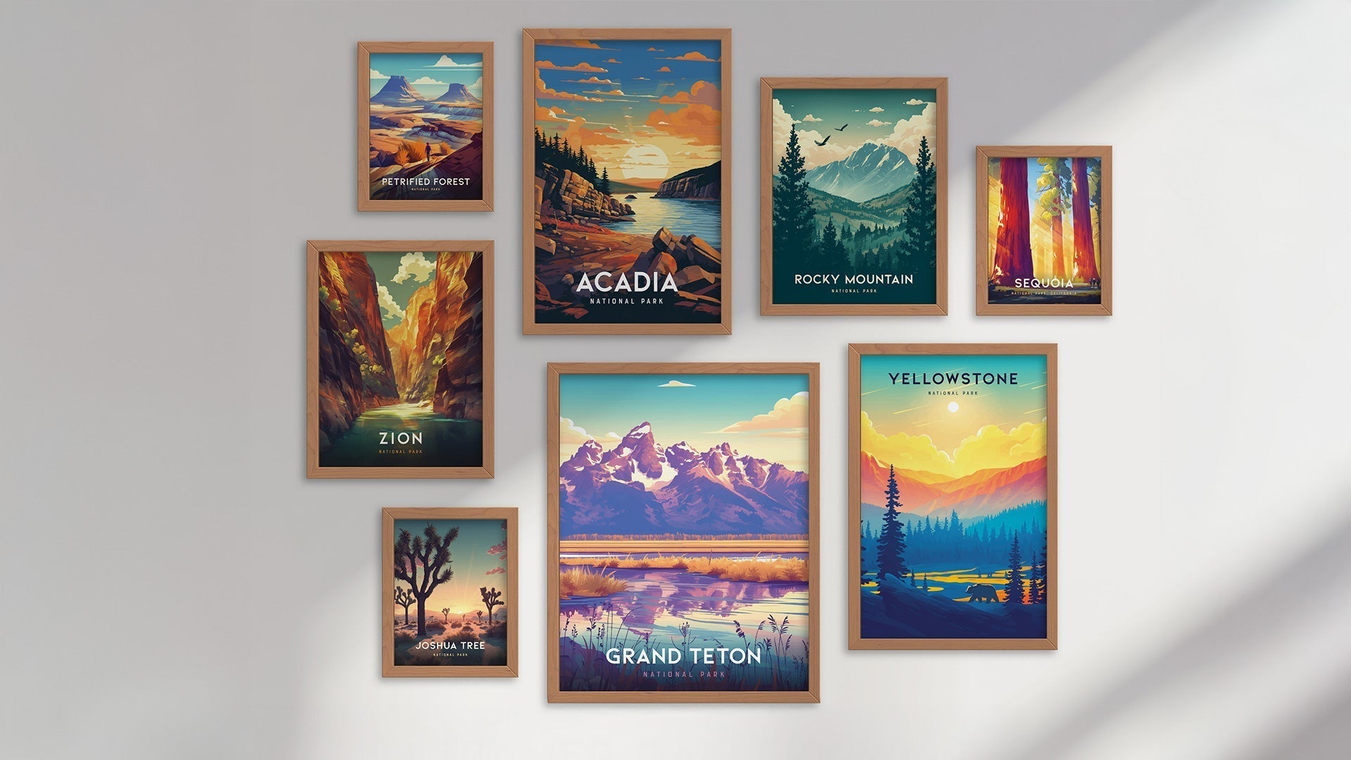 Gallery wall arrangement with multiple framed travel posters featuring national parks and surf spots