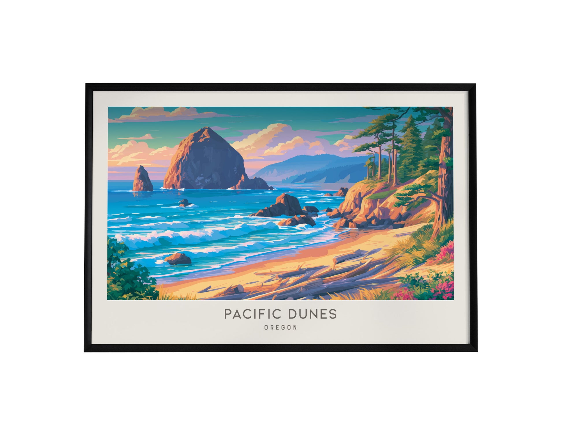 Pacific Dunes Landscape Matte Border Poster | Oregon Coastal Beach Decor — framed wall art, 24x36 in