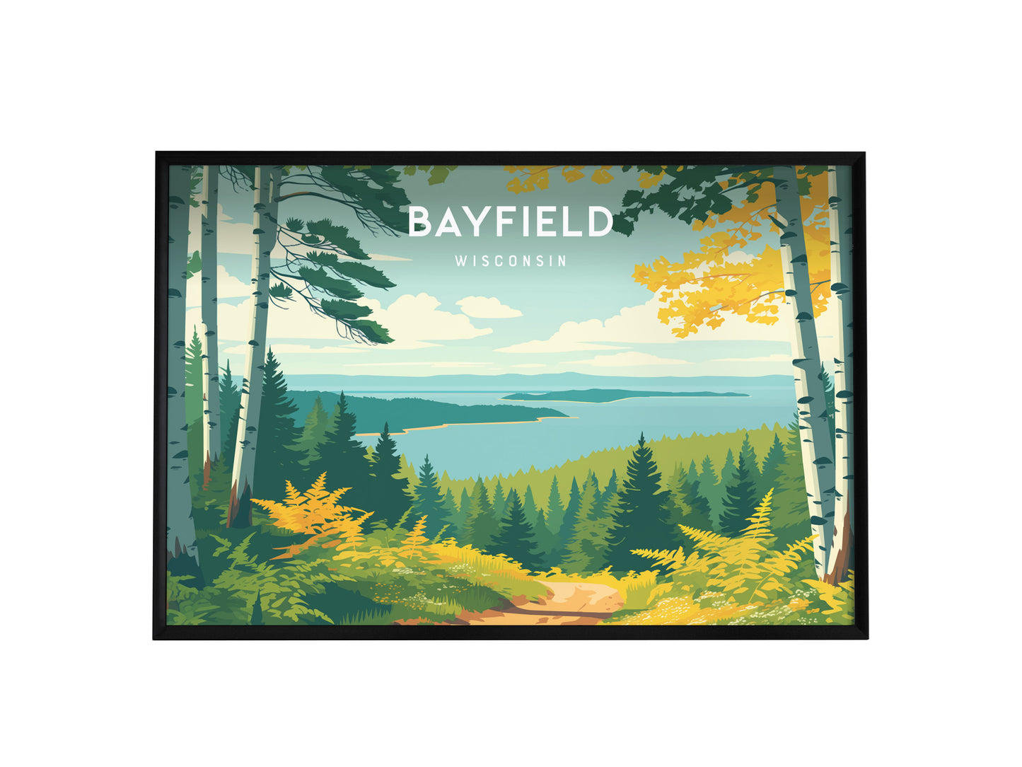 Bayfield, Wisconsin Landscape Poster | Coastal Beach Decor & Harbor Wall Art — framed wall art, 24x36 in
