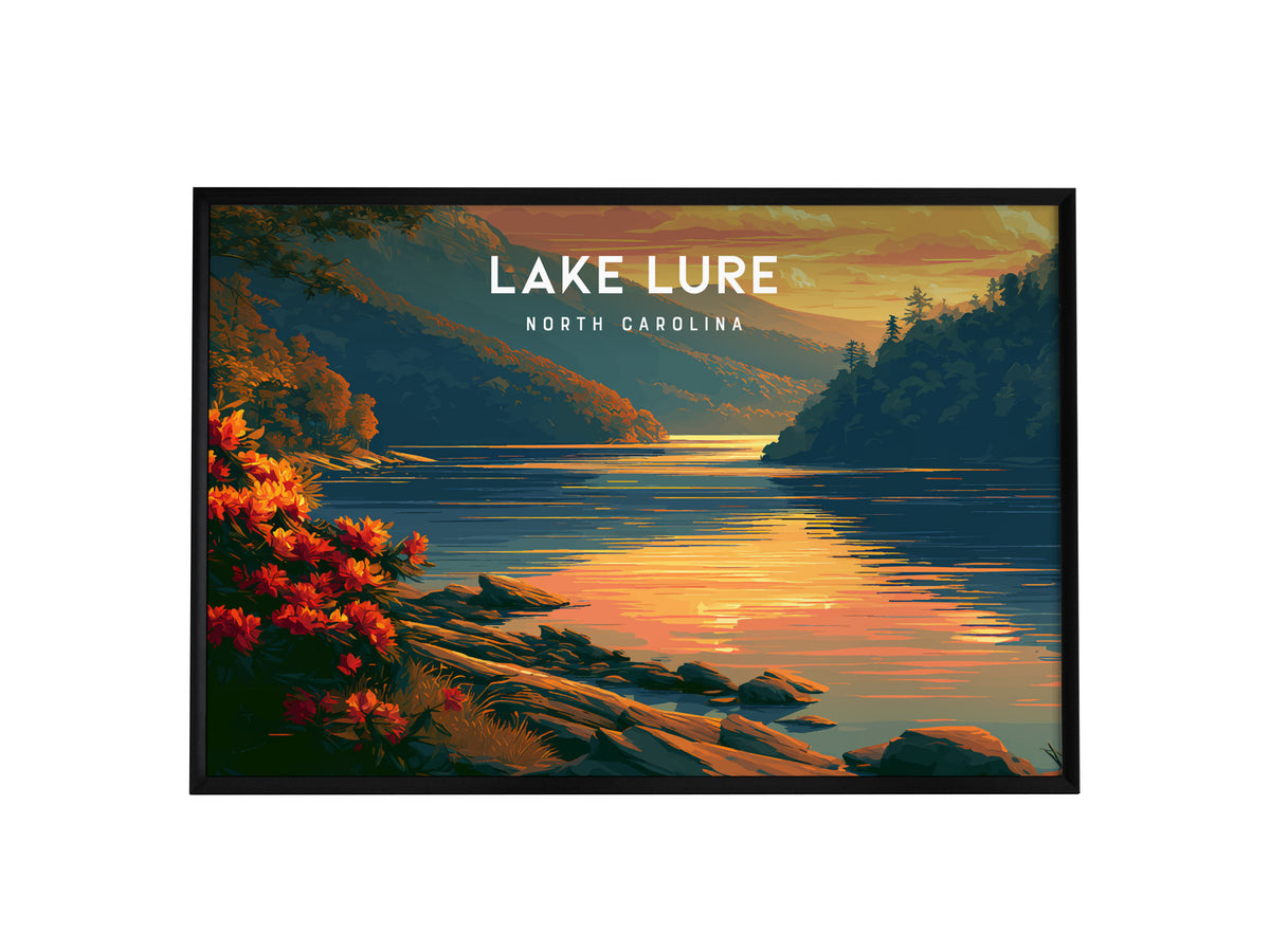 Lake Lure, North Carolina Landscape Poster | Blue Ridge Travel Gift Wall Art — framed wall art, 24x36 in