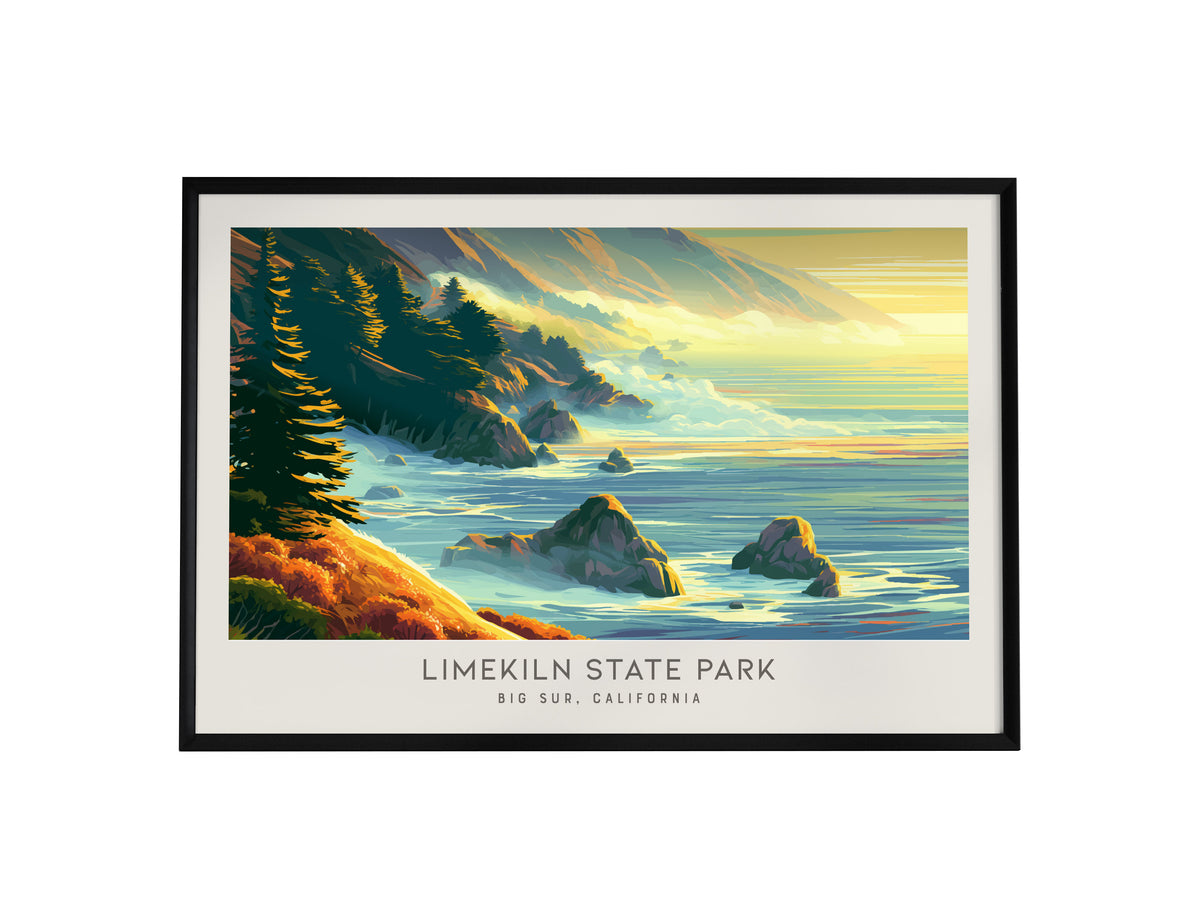 Limekiln State Park Landscape Matte Border Poster | Big Sur, California Coastal Beach Decor — framed wall art, 24x36 in