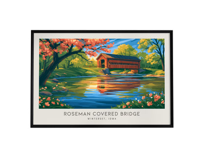 Roseman Covered Bridge Landscape Matte Border Poster | Winterset, Iowa Vacation Wall Art — framed wall art, 24x36 in