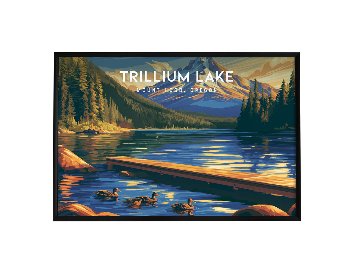 Trillium Lake Landscape Poster | Mount Hood, Oregon Framed or Unframed Vacation Wall Art — framed wall art, 24x36 in