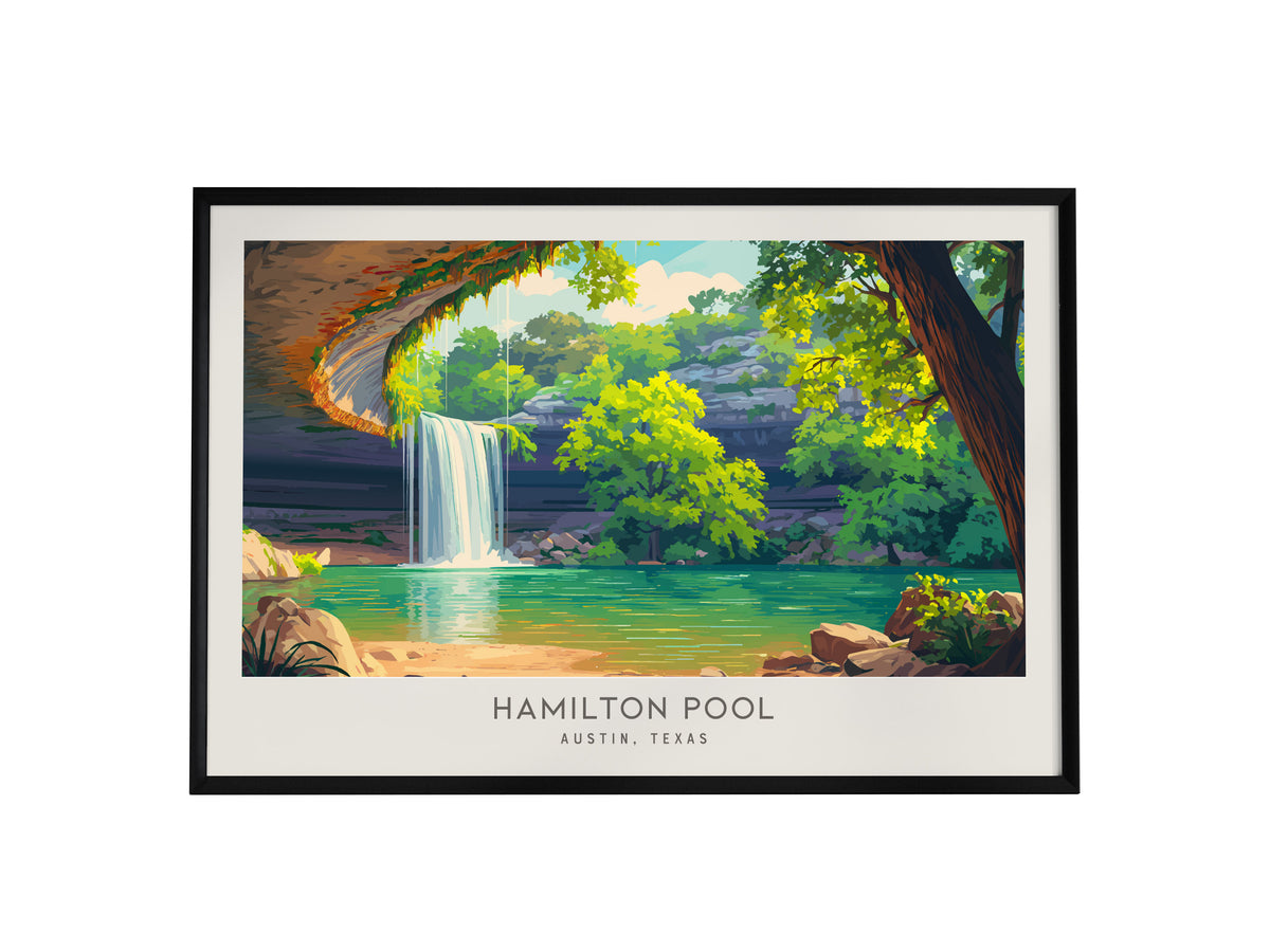 Hamilton Pool Landscape Matte Border Poster | Austin, Texas Travel Gift & Natural Grotto Wall Art — framed wall art, 24x36 in