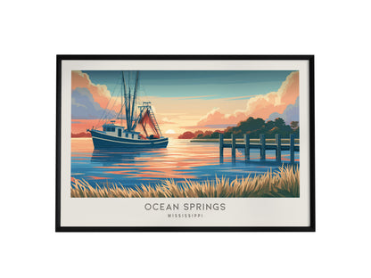 Ocean Springs Landscape Matte Border Poster | Mississippi Tropical Beach Print Travel Wall Art — framed wall art, 24x36 in