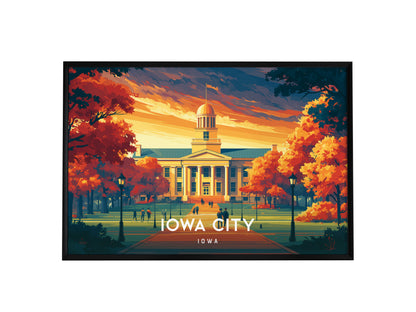 Iowa City, Iowa Landscape Poster | Midwest College Town Vacation Wall Art — framed wall art, 24x36 in