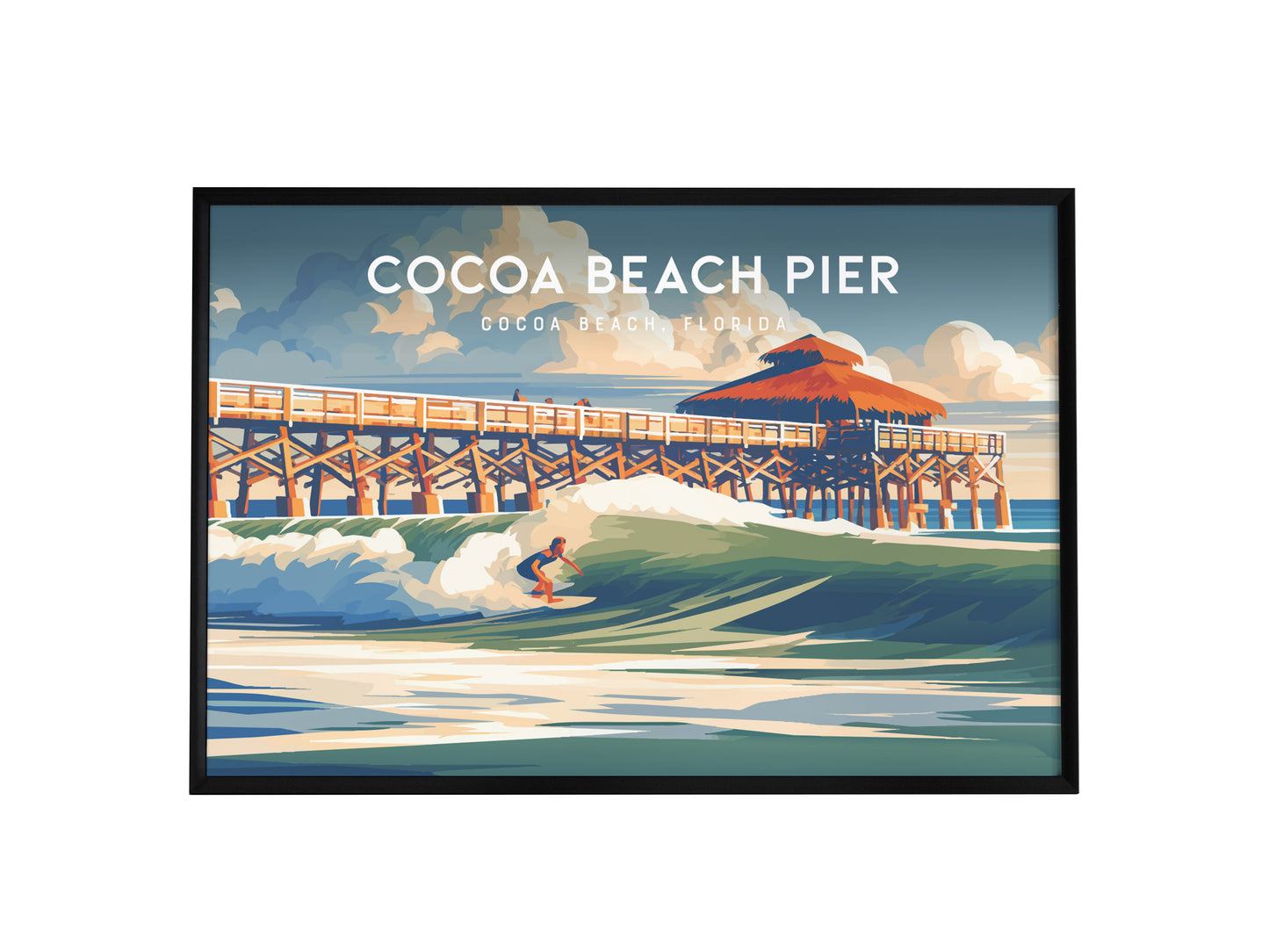 Cocoa Beach Pier Landscape Poster | Cocoa Beach, Florida Travel Wall Art — framed wall art, 24x36 in