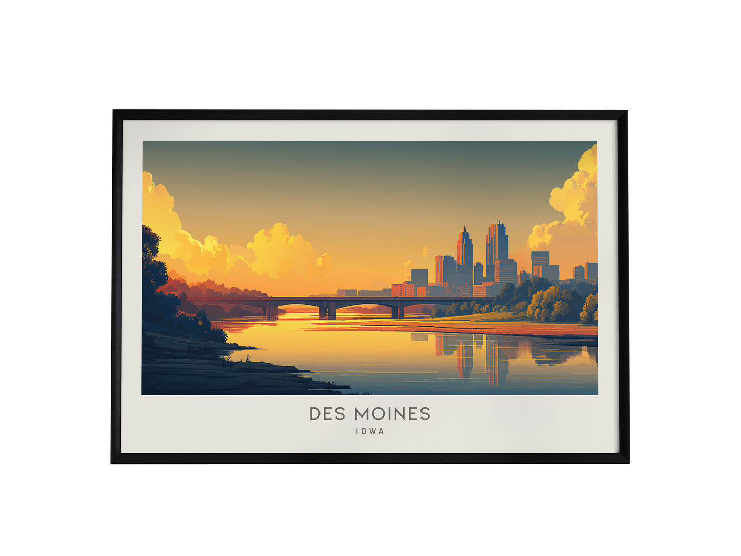 Des Moines Landscape Matte Border Poster | Iowa Travel Wall Art — framed wall art, 24x36 in