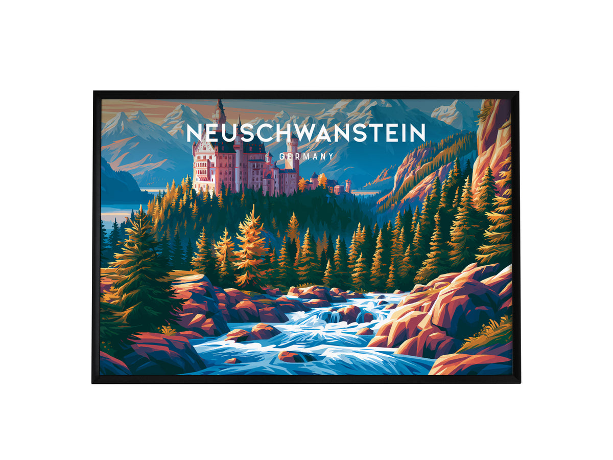 Neuschwanstein, Germany Landscape Poster | Alpine Castle Vacation Wall Art — framed wall art, 24x36 in