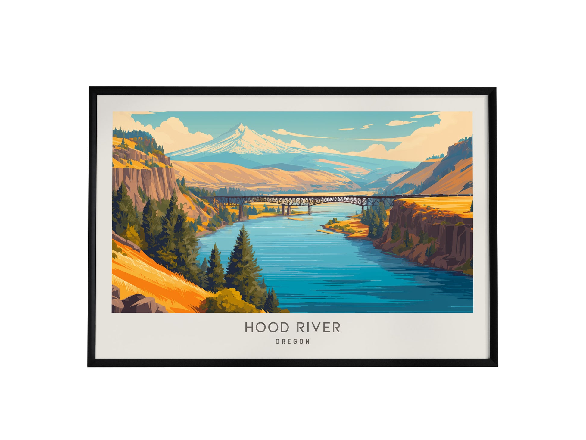 Hood River Landscape Matte Border Poster | Oregon Travel Wall Art — framed wall art, 24x36 in