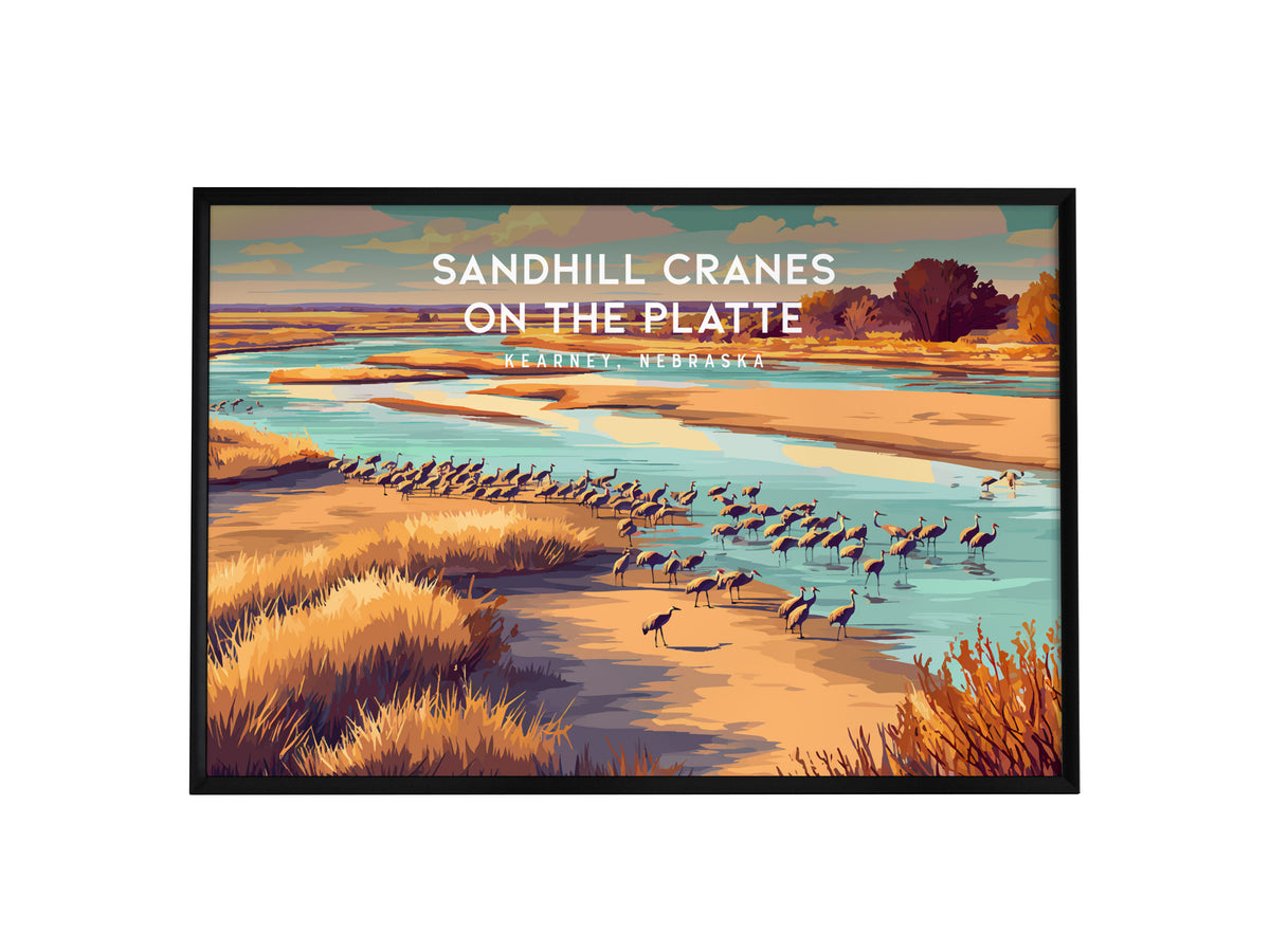 Sandhill Cranes on the Platte Landscape Poster | Kearney, Nebraska Vacation Wall Art — framed wall art, 24x36 in