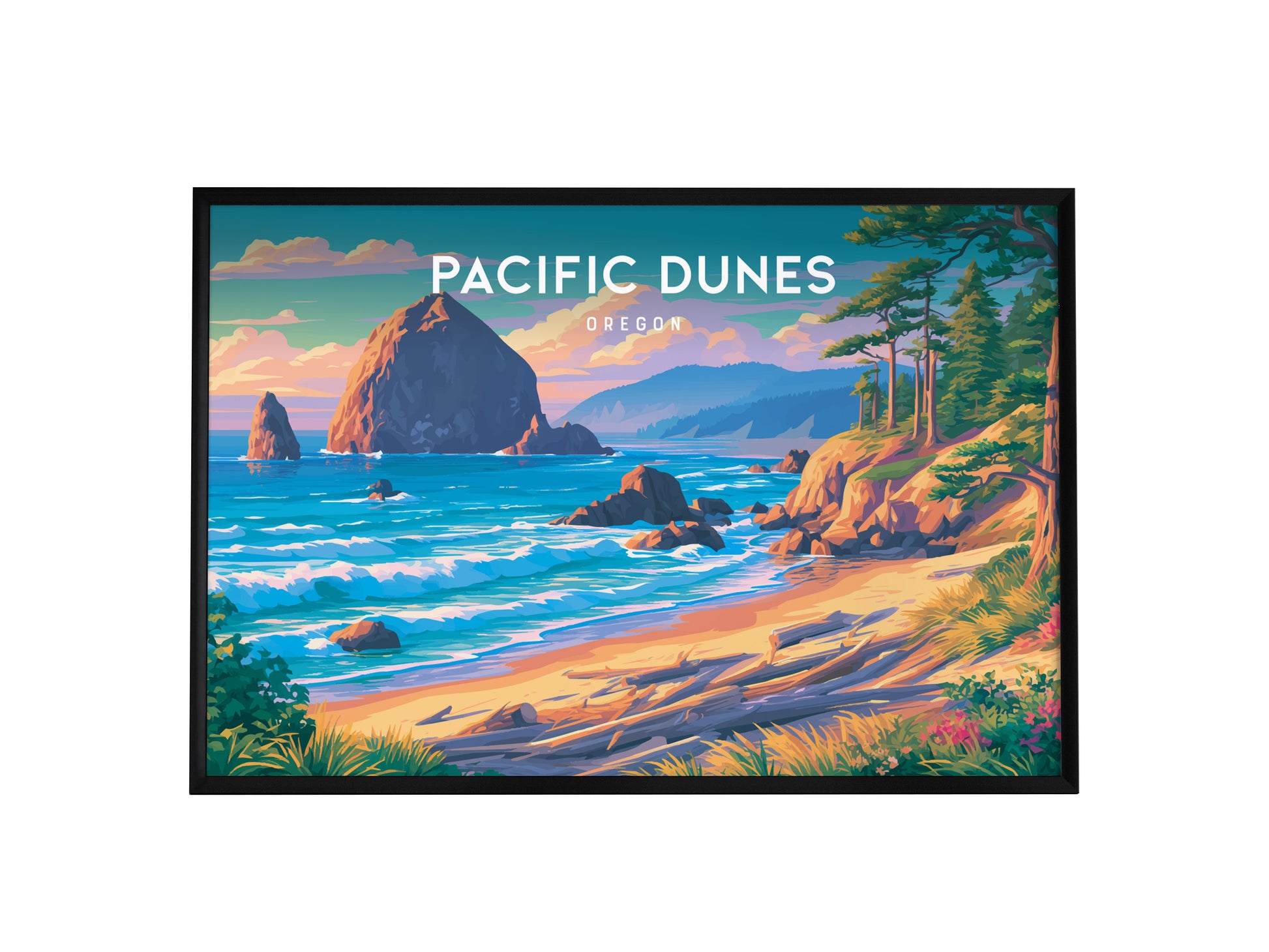 Pacific Dunes, Oregon Landscape Poster | Windswept Dunes Travel Wall Art — framed wall art, 24x36 in