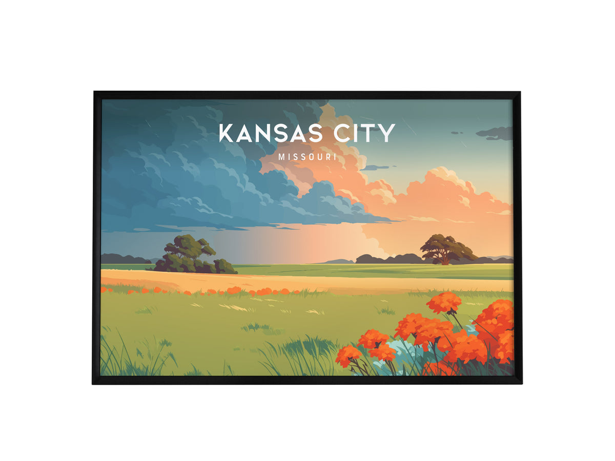 Kansas City, Missouri Landscape Poster | BBQ Jazz & Skyline Travel Gift Wall Art — framed wall art, 24x36 in