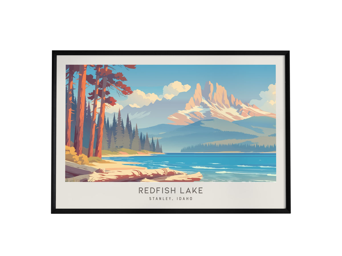 Redfish Lake Landscape Matte Border Poster | Stanley, Idaho Framed or Unframed Travel Gift — framed wall art, 24x36 in